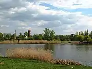 Udy River. Kharkiv, locality New Bavaria, October hydropark. View from the left bank of the river on the right