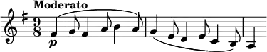 \relative c' { \set Staff.midiInstrument = #"cello" \clef treble \key e \minor \tempo "Moderato" \time 9/8 fis4(\p g8 fis4 a8 b4 a8) | g4( e8 d4 e8 c4 b8) | a4 }