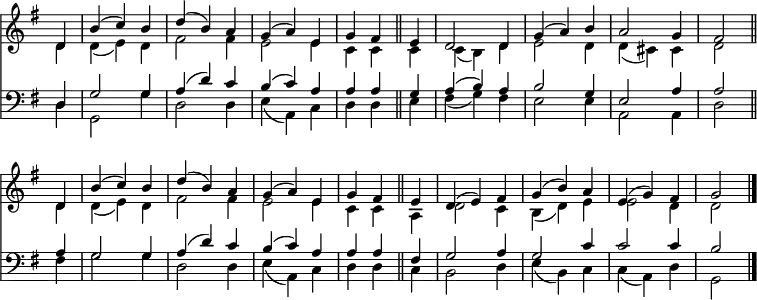 << <<
\new Staff { \clef treble \time 3/4 \partial 4 \key g \major \set Staff.midiInstrument = "church organ" \omit Staff.TimeSignature \set Score.tempoHideNote = ##t \override Score.BarNumber #'transparent = ##t
\relative c'
<< { d4 | b'( c) b | d( b) a | g( a) e | g fis \bar"||"
e | d2 d4 | g( a) b | a2 g4 | fis2 \bar"||" \break
d4 | b'( c) b | d( b) a | g( a) e | g fis \bar"||"
e | d( e) fis | g( b) a | e( g) fis | g2 \bar"|." } \\
{ d4 | d( e) d | fis2 fis4 | e2 e4 | c c
c | c( b) d | e2 d4 | d( cis) cis | d2
d4 | d( e) d | fis2 fis4 | e2 e4 | c c
a | d2 c4 | b( d) e | e2 d4 | d2 } >>
}
\new Staff { \clef bass \key g \major \set Staff.midiInstrument = "church organ" \omit Staff.TimeSignature
\relative c
<< { d4 | g2 g4 | a( d) c | b( c) a | a a
g | a( b) a| b2 g4 | e2 a4 | a2
a4 | g2 g4 | a( d) c | b( c) a | a a
fis | g2 a4 | g2 c4 | c2 c4 | b2 } \\
{ d,4 | g,2 g'4 | d2 d4 | e( a,) c | d d
e | fis( g) fis | e2 e4 | a,2 a4 | d2
fis4 | g2 g4 | d2 d4 | e( a,) c | d d
c | b2 d4 | e( b) c | c( a) d | g,2 } >>
}
>> >>
\layout { indent = #0 }
\midi { \tempo 4 = 100 }