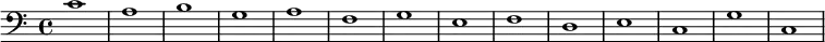 {
\new Staff <<
\new Voice \relative c' {
\stemDown \clef bass \key c \major \time 4/4 \tempo 1 = 60 \set Score.tempoHideNote = ##t
c1 a b g a f g e f d e c g' c,
}
>>
}