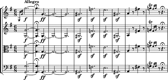 
    { 
<< \new StaffGroup <<
        \new Staff <<
            \tempo Allegro
            \relative c' {
                \clef treble \key g \major \time 6/8
                \grace { g16 g' } g'2.~\f
                g4.\fermata  g,4.~\ff
                g2.~
                g
                gis\sf
                f'\sf
                e\sf
                gis,\sf
                a4 r8 fis'!4 r8
                \afterGrace g!4\trill { fis16 g } r8 r4.\fermata
                }
            >>
        \new Staff <<
            \relative c' {
                \clef treble \key g \major
                \grace { s16 s } <g g'>2.~\f
                <g g'>4.\fermata  g4.~\ff
                g2.~
                g
                gis\sf
                f'\sf
                e\sf
                gis,\sf
                a4 r8 fis'!4 r8
                \afterGrace g!4\trill { fis16 g } r8 r4.\fermata
                }
            >>
        \new Staff <<
            \relative c' {
                \clef alto \key g \major
                \grace { s16 s } <g g'>2.~\f
                <g g'>4.\fermata  g4.~\ff
                g2.~
                g
                gis\sf
                f'\sf
                e\sf
                gis,\sf
                a4 r8 fis'!4 r8
                \afterGrace g!4\trill { fis16 g } r8 r4.\fermata
                }
            >>
        \new Staff <<
            \relative c {
                \clef bass \key g \major
                \grace { s16 s } <g g'>2.~\f
                <g g'>4.\fermata  g4.~\ff
                g2.~
                g
                gis\sf
                f'\sf
                e\sf
                gis,\sf
                a4 r8 fis'!4 r8
                \afterGrace g!4\trill { fis16 g } r8 r4.\fermata
                }
         >>
    >>
>> }
