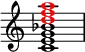 {
\override Score.TimeSignature #'stencil = ##f
\new Staff <<
\new Voice \relative c' {
\clef treble
\time 4/4
\key c \major
\voiceOne
<c e g bes>1
}
\new Voice \relative c'' {
\clef treble
\time 4/4
\key c \major
\voiceOne
\override NoteHead.color = #red
<d f a>1
}
>>
}