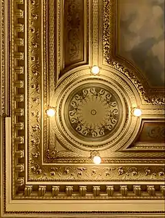 Detailed ceiling with stuccos and decorative paintings in the Cesianu-Racoviță Palace, Bucharest, by Jules Berthet, 1892-1902
