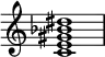 {
\override Score.TimeSignature #'stencil = ##f
\relative c' {
\clef treble
\time 4/4
\key c \major
<c e gis bes dis>1
} }