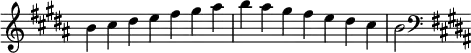 {
\override Score.TimeSignature #'stencil = ##f
\relative c'' {
\clef treble \key b \major \time 7/4 b4 cis dis e fis gis ais b ais gis fis e dis cis b2
\clef bass \key b \major } }