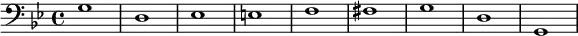 {
\new Staff <<
\new Voice \relative c' {
\stemDown \clef bass \key g \minor \time 4/4 \tempo 1 = 60 \set Score.tempoHideNote = ##t
g1 d es e f fis g d g,
}
>>
}