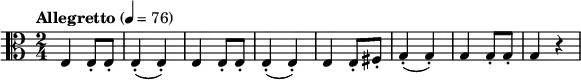 \new Score {
\new Staff {
\relative c {
\set Staff.midiInstrument = #"cello"
\time 2/4
\key a \minor
\clef alto
\tempo "Allegretto" 4 = 76
e4 e8-. e-.
e4-.(e-.)
e e8-. e-.
e4-.(e-.)
e4 e8-. fis-.
g4-.(g-.)
g4 g8-. g-.
g4 r4
}
}
}