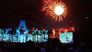 An AT-AT battle sequence showcasing the conjunction between projection mapping and pyrotechnics.