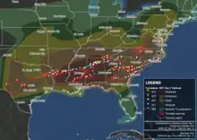 Map plotting locations of tornado touchdowns and tornado warning polygons across the Southeastern United States