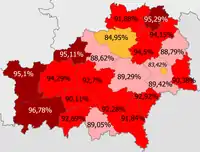 Belarusians in the region.mw-parser-output .legend{page-break-inside:avoid;break-inside:avoid-column}.mw-parser-output .legend-color{display:inline-block;min-width:1.25em;height:1.25em;line-height:1.25;margin:1px 0;text-align:center;border:1px solid black;background-color:transparent;color:black}.mw-parser-output .legend-text{}  >95%.mw-parser-output .legend{page-break-inside:avoid;break-inside:avoid-column}.mw-parser-output .legend-color{display:inline-block;min-width:1.25em;height:1.25em;line-height:1.25;margin:1px 0;text-align:center;border:1px solid black;background-color:transparent;color:black}.mw-parser-output .legend-text{}  90–95%.mw-parser-output .legend{page-break-inside:avoid;break-inside:avoid-column}.mw-parser-output .legend-color{display:inline-block;min-width:1.25em;height:1.25em;line-height:1.25;margin:1px 0;text-align:center;border:1px solid black;background-color:transparent;color:black}.mw-parser-output .legend-text{}  85—90%.mw-parser-output .legend{page-break-inside:avoid;break-inside:avoid-column}.mw-parser-output .legend-color{display:inline-block;min-width:1.25em;height:1.25em;line-height:1.25;margin:1px 0;text-align:center;border:1px solid black;background-color:transparent;color:black}.mw-parser-output .legend-text{}  <85%