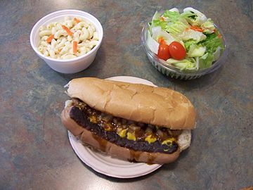 A Bill Gray's 1/4 pound white hot served "Bill's Favorite"-style