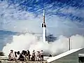The first image taken of a rocket departing from Cape Canaveral was of Bumper 8. This image has been colored and remastered.