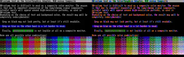 A 640 × 200 display as produced by a monitor (left) and television (right)