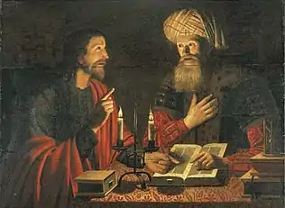 Jesus (left, in profile, pointing with his right hand) and Nicodemus (facing the viewer, with a turban, with his right hand on his heart) sit at a table, arguing over books