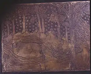 Decorative panel of Lalli's finger wearing Henry's ring being found in Spring on a block of ice, Nousiainen church c. 1420
