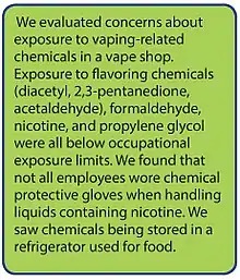 Highlights of concerns from a 2017 United States Department of Health and Human Services report regarding exposure to vaping-related chemicals in a vape shop.