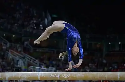 Image 1Balance beamCredit: Fernando FrazãoThe balance beam is a rectangular artistic gymnastics apparatus, as well as the event performed using the apparatus. Pictured is Daniele Hypólito in the final of the women's artistic gymnastics competition at the Rio 2016 Olympic Games, where Brazil finished in 8th place.More selected pictures