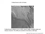 Fretted terrain of Ismenius Lacus showing flat floored valleys and cliffs. Photo taken with Mars Orbiter Camera (MOC)on the Mars Global Surveyor.