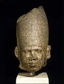 The head of a King, c. 2650–2600 BC, Brooklyn Museum. The earliest representations of Egyptian Kings are on a small scale. From the Third Dynasty, statues were made showing the ruler life-size. This head wearing the crown of Upper Egypt is larger than human scale.