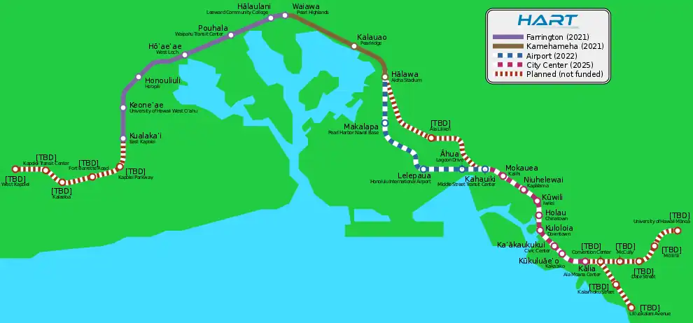 Schematic routemap for Honolulu Rail Transit when it is complete, including proposed extensions on the east and west ends of the system.