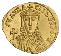 An image of a golden coin bearing the front-facing image of Staurakios, who is adorned with imperial regalia