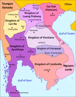 Ayutthaya and Mainland Southeast Asia in 1707. Note: Southeast Asian political borders remained relatively undefined until the modern period.
