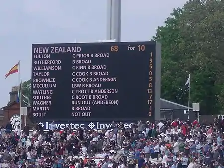 Scoreboard showing Boult as the Not Out batsman at the end of New Zealand's innings.