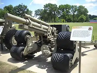 The only surviving prototype M2A2 Terra Star Auxiliary Propelled Howitzer at the Rock Island Arsenal Museum. Note the tri-star wheel system and auxiliary drive system on the right trail leg.