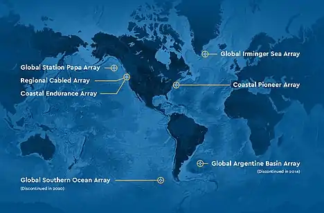 Map of OOI's arrays (Coastal Pioneer Array, Coastal Endurance Array, Regional Cabled Array, Global Irminger Sea Array, Global Station Papa Array) and decomissioned arrays (Argentine Basin Array and Southern Ocean Array).