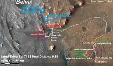 Ingenuity helicopter flight path and Perseverance Traverse Path showing their current locations. Live link