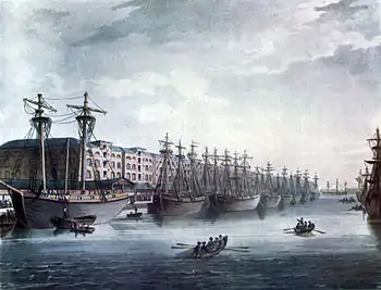 Image 14Sailing ships at West India Docks on the Isle of Dogs in 1810. The docks opened in 1802 and closed in 1980 and have since been redeveloped  as the Canary Wharf development.