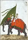 An elephant with a mahout and a standard-bearer carrying a green standard with a gold sun.