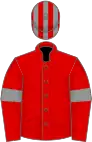 Red, grey armlets, striped cap