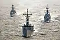USS Reuben James leads PNS Shahjahan and PNS Tippu Sultan in Exercise Inspired Siren in the Indian Ocean in 2002.