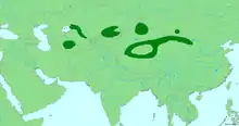 Map of showing highlighted range covering six areas from Turkmenistan east to China