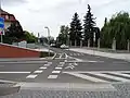 Contra-flow cycle lanes and cycle crossing next to Blanka tunnel complex.