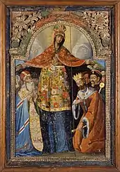 Eastern Orthodox icon, with the Ukrainian cossack hetman Bohdan Khmelnytsky (at the right of image). Late 17 to early 18th century