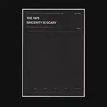 A photo of a gray rectangular box surrounded by a thick black border. Written in the upper left corner of the box are the words "The 1975" and "Sincerity Is Scary".
