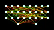 A two-layer feedforward artificial neural network with 8 inputs, 2x8 hidden and 2 outputs. Given position state, direction and other environment values outputs thruster based control values.