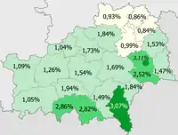 Ukrainians in the region.mw-parser-output .legend{page-break-inside:avoid;break-inside:avoid-column}.mw-parser-output .legend-color{display:inline-block;min-width:1.25em;height:1.25em;line-height:1.25;margin:1px 0;text-align:center;border:1px solid black;background-color:transparent;color:black}.mw-parser-output .legend-text{}  >3%.mw-parser-output .legend{page-break-inside:avoid;break-inside:avoid-column}.mw-parser-output .legend-color{display:inline-block;min-width:1.25em;height:1.25em;line-height:1.25;margin:1px 0;text-align:center;border:1px solid black;background-color:transparent;color:black}.mw-parser-output .legend-text{}  2–3%.mw-parser-output .legend{page-break-inside:avoid;break-inside:avoid-column}.mw-parser-output .legend-color{display:inline-block;min-width:1.25em;height:1.25em;line-height:1.25;margin:1px 0;text-align:center;border:1px solid black;background-color:transparent;color:black}.mw-parser-output .legend-text{}  1–2%.mw-parser-output .legend{page-break-inside:avoid;break-inside:avoid-column}.mw-parser-output .legend-color{display:inline-block;min-width:1.25em;height:1.25em;line-height:1.25;margin:1px 0;text-align:center;border:1px solid black;background-color:transparent;color:black}.mw-parser-output .legend-text{}  <1%