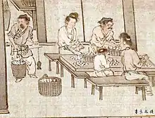 Man wearing shanku, Weighing and sorting the cocoons, from the painting Sericulture, Southern Song dynasty, c.1200 AD.