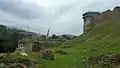 Collected original masonry from the ruined parts of the castle, ready for reuse in their preservation (August 2012)