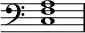 {
\clef bass
\time 4/4
<<
\override Score.TimeSignature
#'stencil = ##f
\relative c {
<c f a>1
}
>>
}