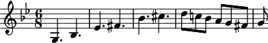 \header { tagline = ##f }
\score {
<<
\relative c'' {
\key g \minor
\time 6/8
\tempo 4. = 80
\set Staff.midiInstrument = #"harpsichord"
%% K30 theme
g,4. bes ees fis bes cis d8 c! bes a g fis g
}
>>
\layout { \context { \Score \remove "Metronome_mark_engraver" } }
\midi {}
}
