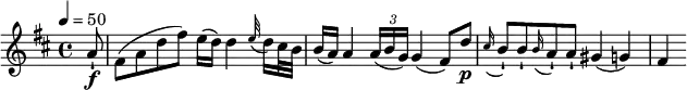 \relative c' { \set Staff.midiInstrument = #"violin"
\key d \major
\tempo 4 = 50
\partial 8 a'8-!\f fis8 (a d fis) e16 (d) d4 \appoggiatura e32 d16 cis32 b32 b16 (a) a4 \tuplet 3/2 {a16 (b g)} g4 (fis8) d'\p \appoggiatura cis16 b8-! b8-! \appoggiatura b16 a8-! a-! gis4 (g) fis}