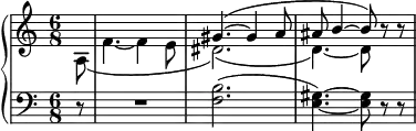 \new PianoStaff {
\time 6/8
<<
\context Staff = "up" {
\clef treble
\set Staff.midiInstrument = #"acoustic grand"
#(set-accidental-style 'modern)
\partial 8
\relative c''{
<< { s8
s2.
\override Slur #'attachment = #'(stem . stem)
gis4.~( gis4 a8 ais b4~ b8) }
\\
{ a,8(
f'4.~ f4 e8
dis2.)( d4.)~ d8 } >>
r8 r
}
}
\context Staff = "down" {
\clef bass
\set Staff.midiInstrument = #"acoustic grand"
\partial 8
\relative c{
r8
R2.
<f b>2.(
<e gis>4.)~ <e gis>8 r r
}
}
>>
}