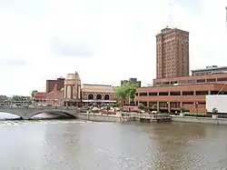 The Fox River and Galena Boulevard dam, Paramount Theatre, Aurora Riverwalk, Civic Center, and Leland Tower
