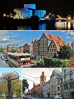 Top: Opera NovaMiddle: The Brda River and the town granariesBottom: Statue of 'The Archeress', Jagiellońska Street.