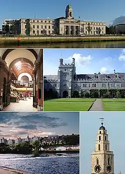 From top, left to right: City Hall, the English Market, Quadrangle in UCC, River Lee, Shandon Steeple .