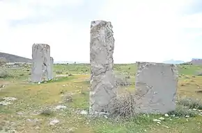 Photograph of three columns of different sizes at Istakhr